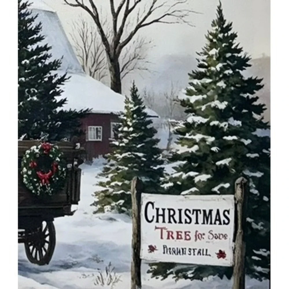 Rustic X-Mas Tree Farm Canvas Wall Art Red Barn Winter Decor 24x16 Wood Frame