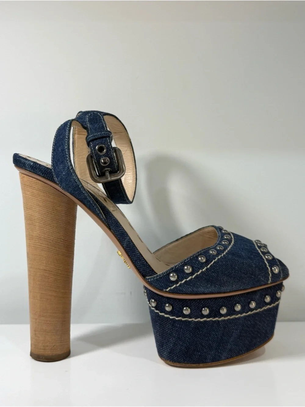 Prada Denim Platform Heels Studded Sandals | Ankle Strap | Made in Italy 35.5