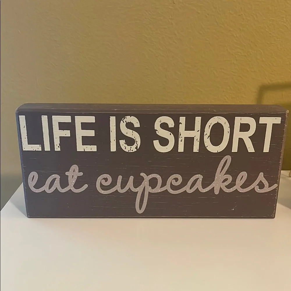 Life Is Short Eat Cupcakes Decorative Wood Sign Brown Pink Glitter Kitchen Decor