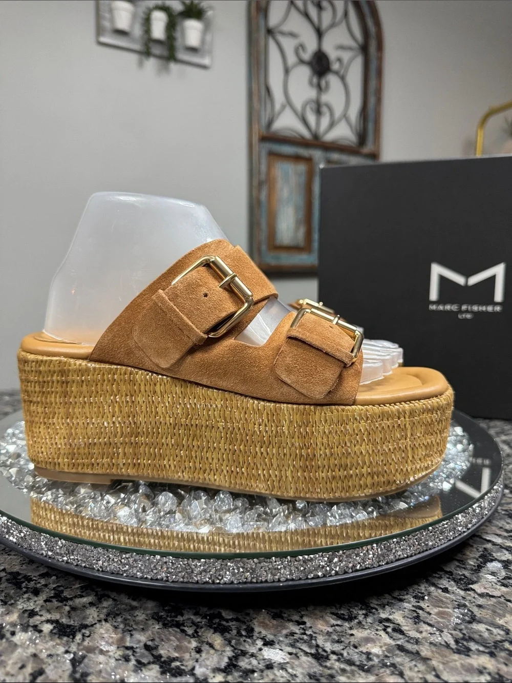 Marc Fisher Palery leather Suede Tan Platform Slide Sandals Buckles Woven sole