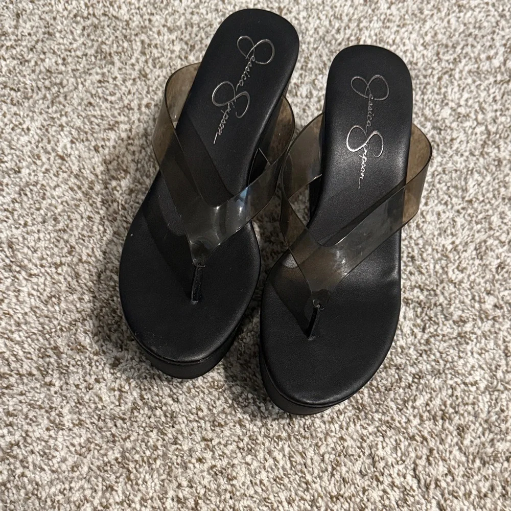 Jessica Simpson Black Platform Thong Sandals with Smoke Vinyl Straps
