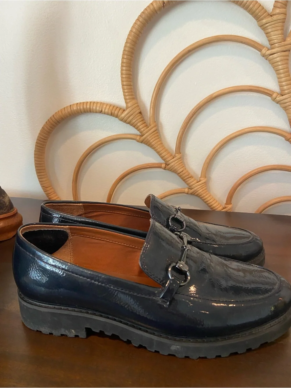 Franco Sarto Cason Lug Black Loafers Horsebit Hardware Faux Leather Size 9.5M