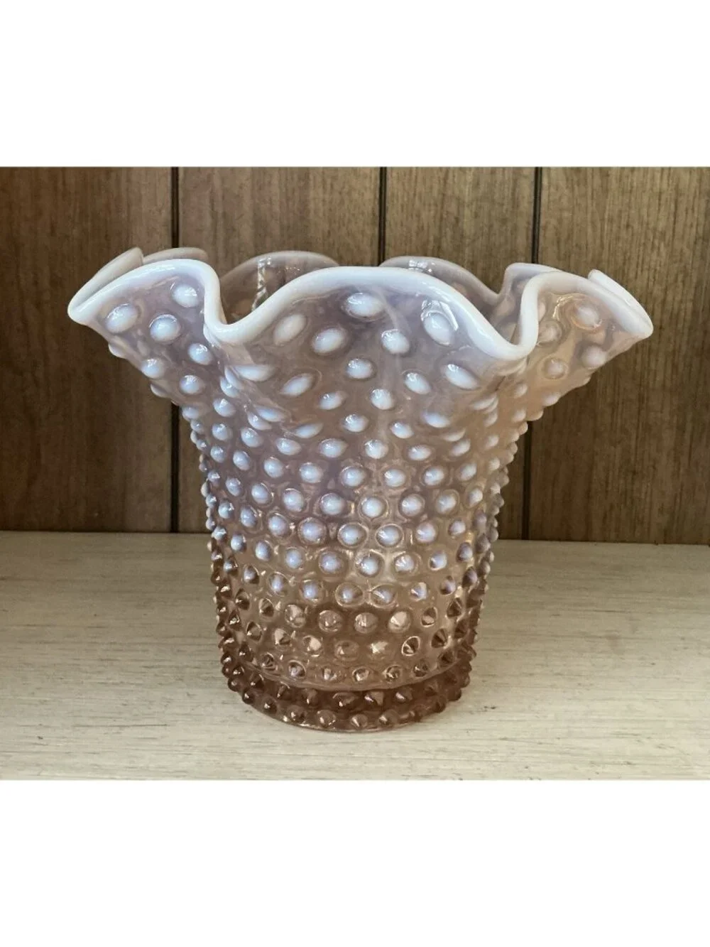 Duncan & Miller Pink Opalescent Hobnail Ruffled Vase 7