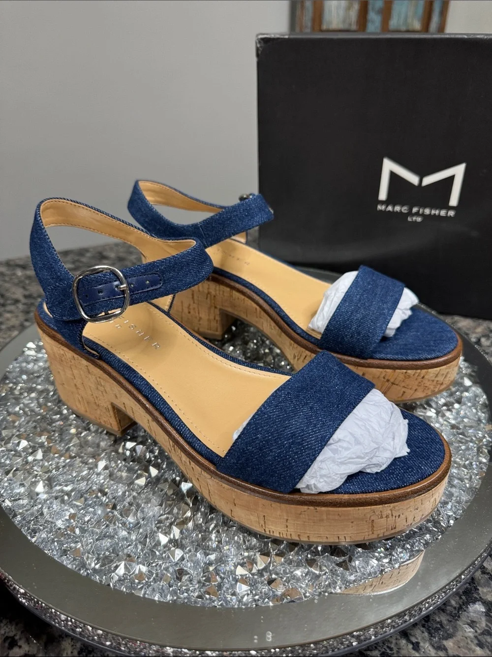 Marc Fisher Quessa Blue Denim Cork Platform Sandal NEW 9