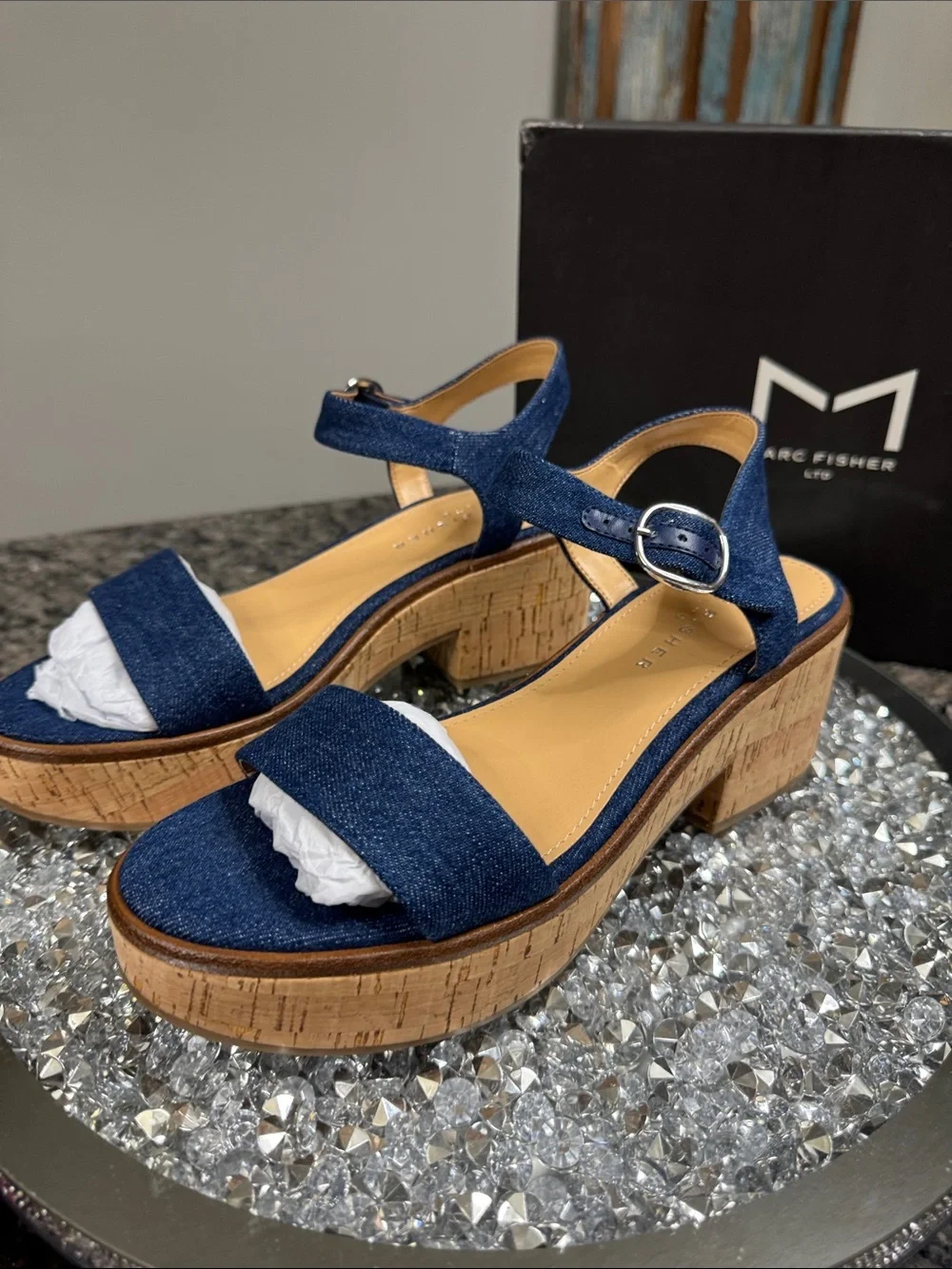 Marc Fisher Quessa Blue Denim Cork Platform Sandal NEW 9
