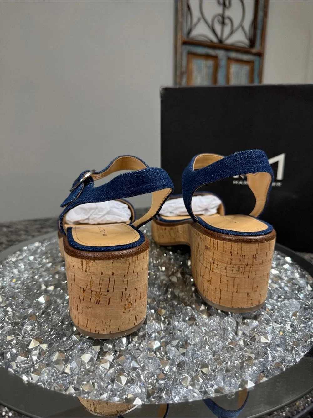 Marc Fisher Quessa Blue Denim Cork Platform Sandal NEW 9