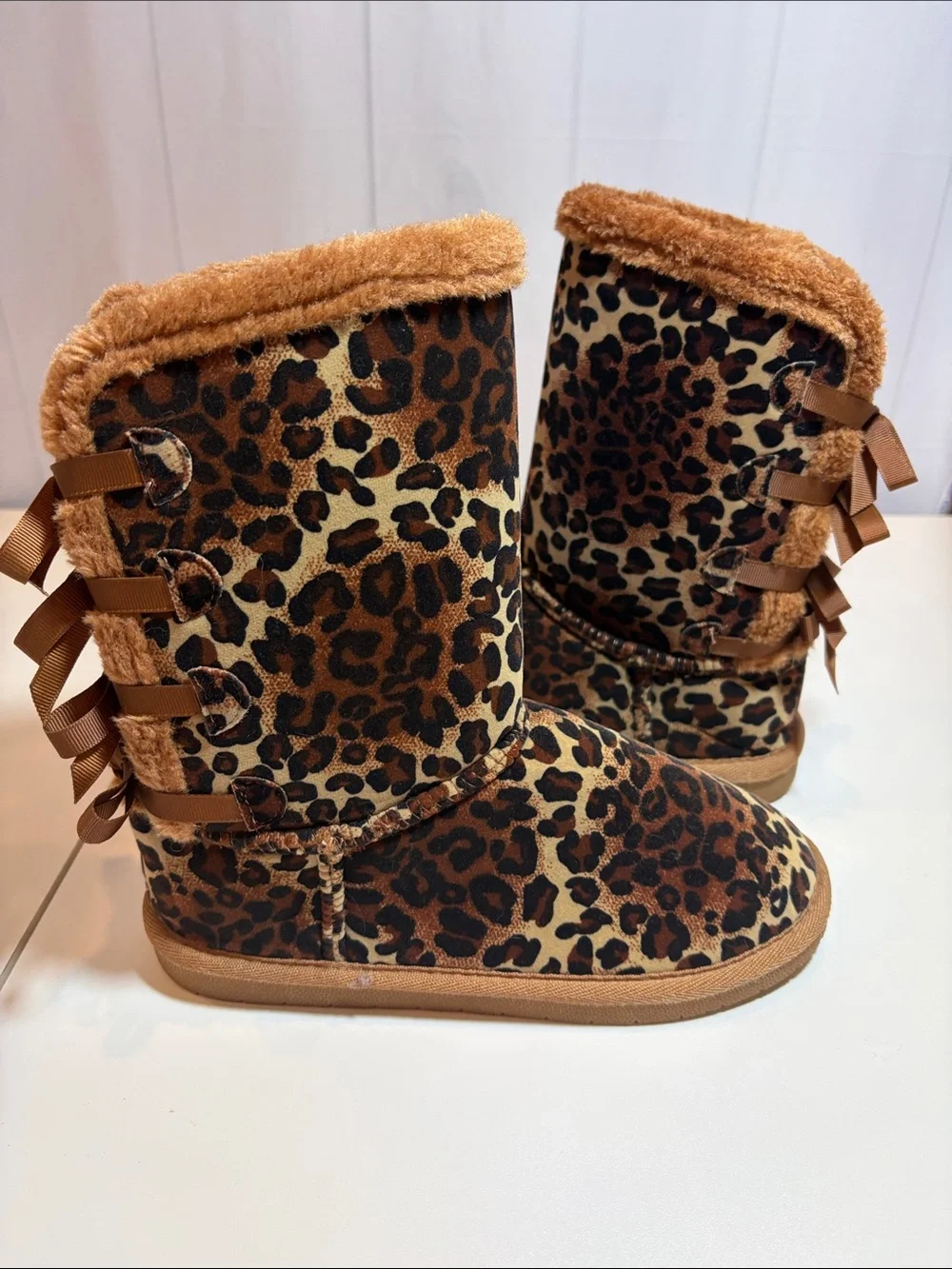 Link Girls Leopard Print Faux Fur Bow Boots Size 3 Y2K