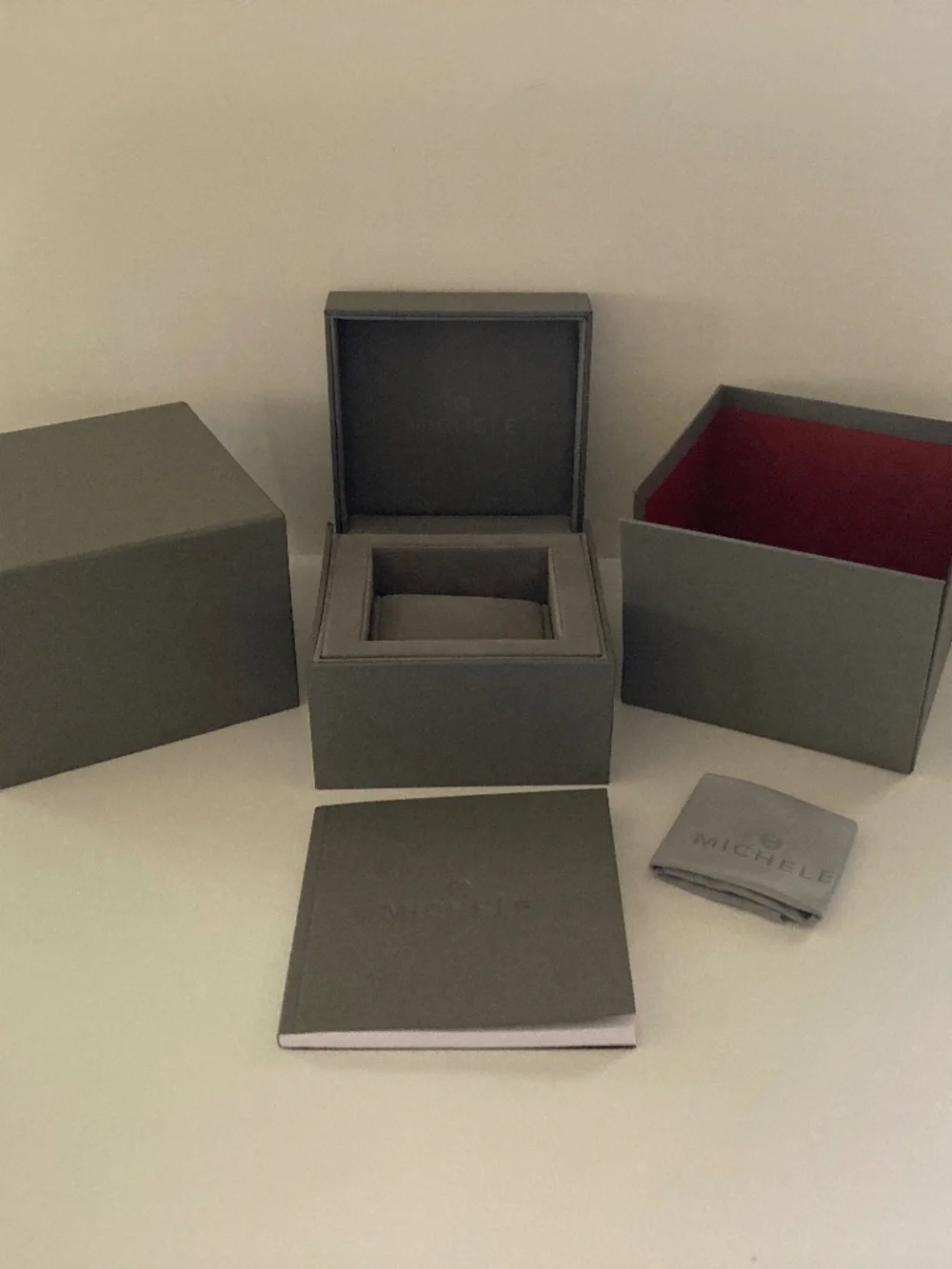Michele Gray Watch Box/Cushion/Polishing Cloth/Manual/Warranty Card/NEVER USED!!