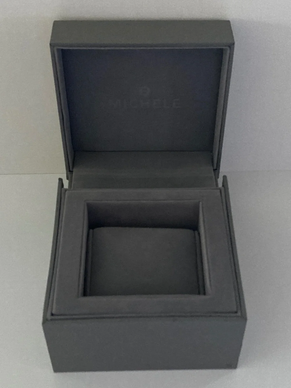 Michele Gray Watch Box/Cushion/Polishing Cloth/Manual/Warranty Card/NEVER USED!!