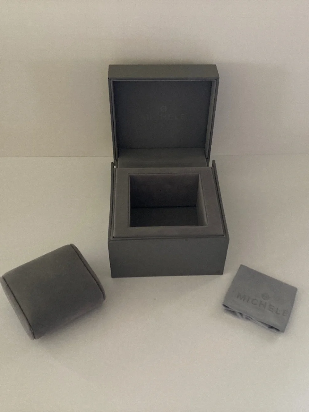 Michele Gray Watch Box/Cushion/Polishing Cloth/Manual/Warranty Card/NEVER USED!!