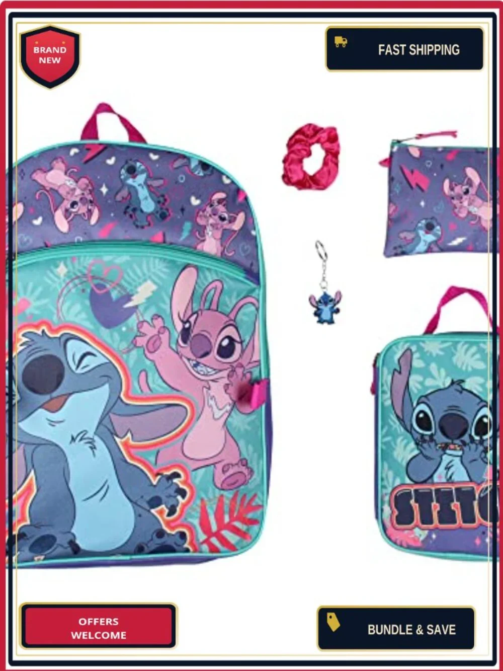 Disney Lilo & Stitch 5-Piece Backpack Set with Lunch Box, Pencil Case, Key