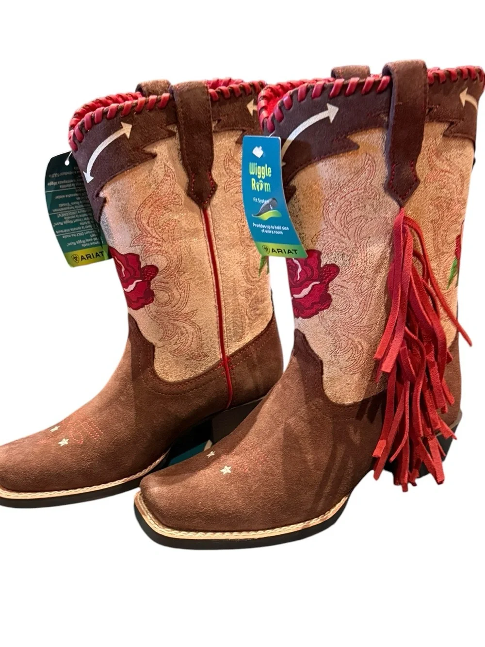 Ariat Futurity Fringe Brown & Cream Fringe Boots Red Rose Embroidery Girls Size2