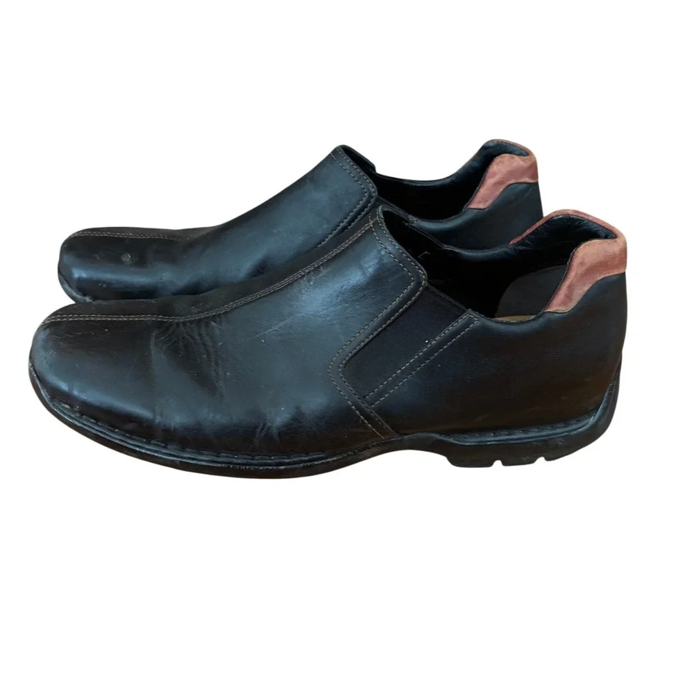 Cole Haan Mens Black Leather Slip On Loafers Bicycle Toe Brown Heel Accent