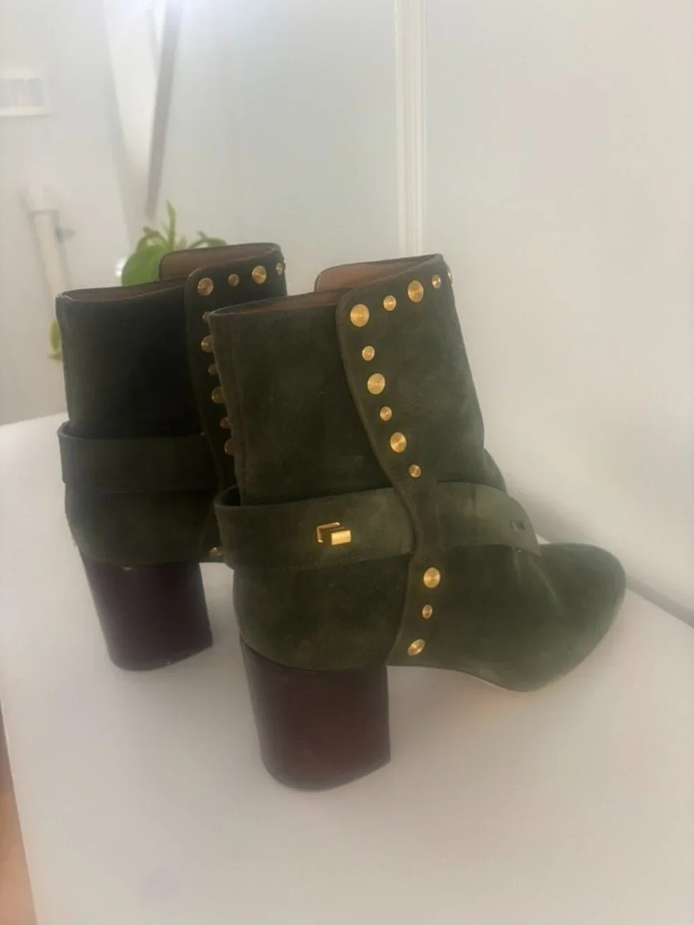 Tori Burch Kira Boots, Olive Green with Studded Gold Hardware- US Size 8