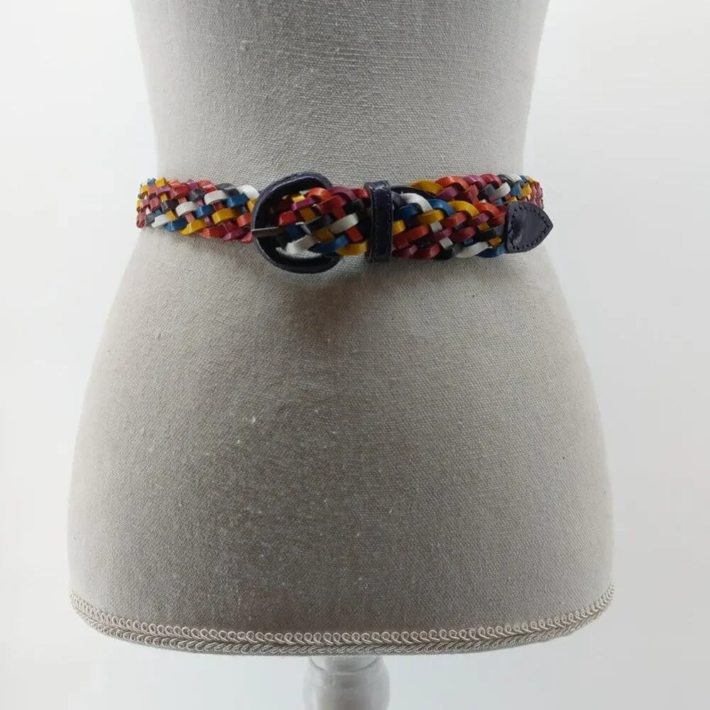 Vintage Women's Braided Woven Weaved Multicolored Genuine Leather Belt Size S