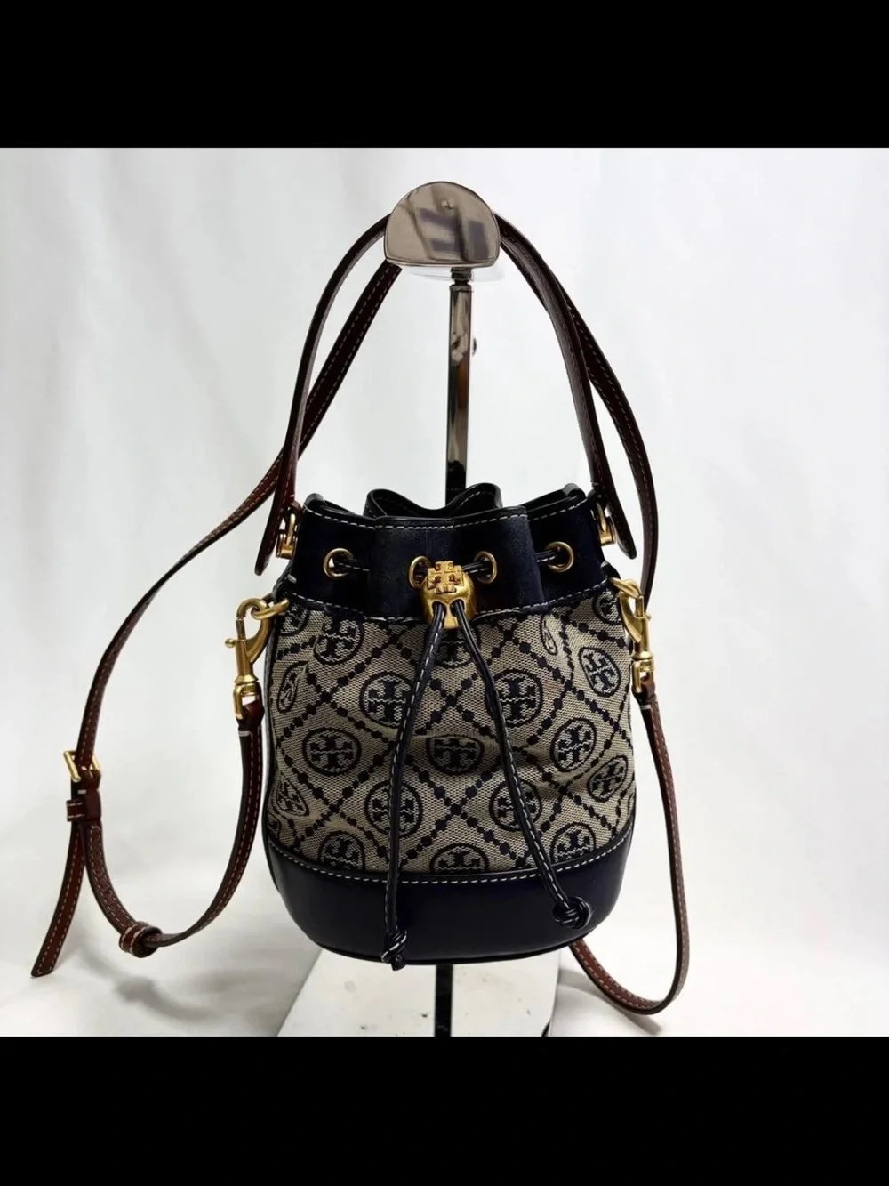 Tory Burch Navy & Tan Monogram Jacquard Drawstring Crossbody