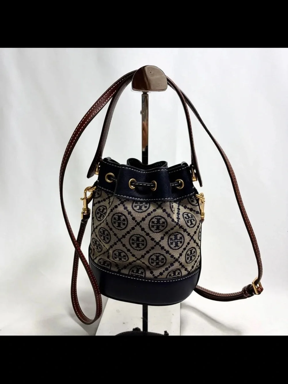 Tory Burch Navy & Tan Monogram Jacquard Drawstring Crossbody