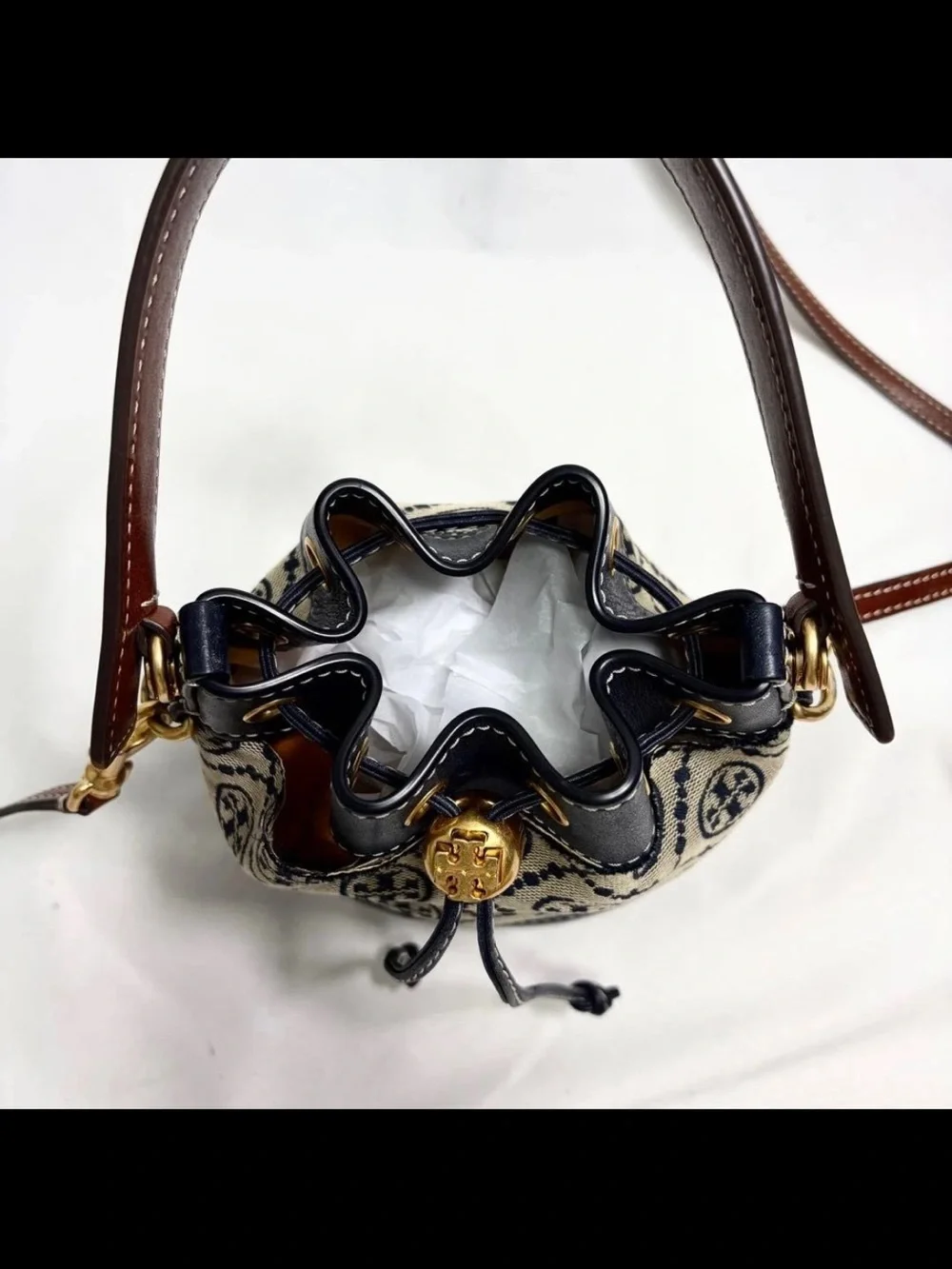 Tory Burch Navy & Tan Monogram Jacquard Drawstring Crossbody
