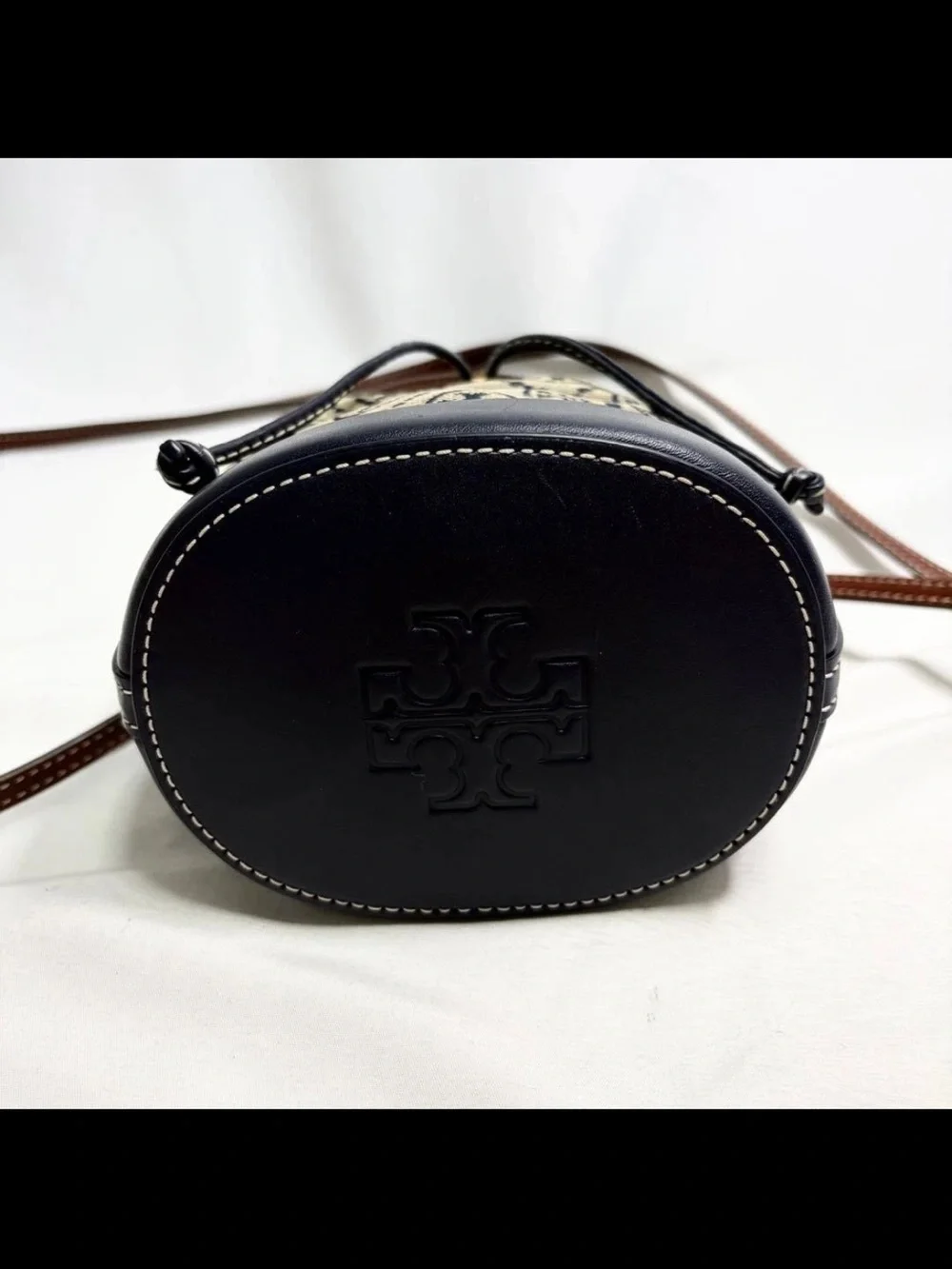 Tory Burch Navy & Tan Monogram Jacquard Drawstring Crossbody
