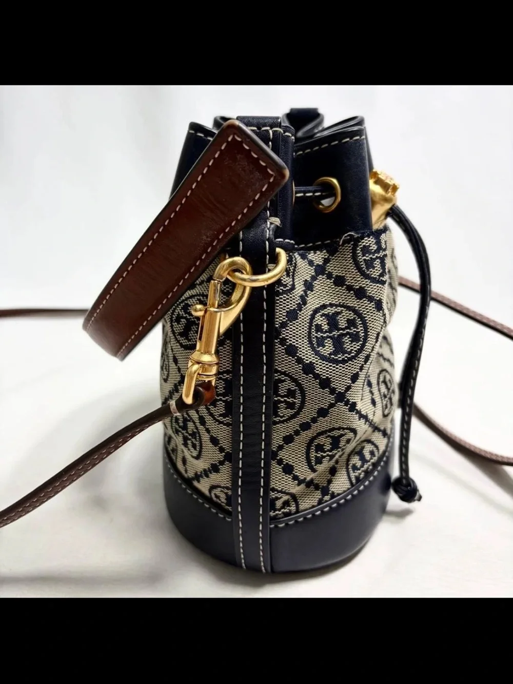 Tory Burch Navy & Tan Monogram Jacquard Drawstring Crossbody