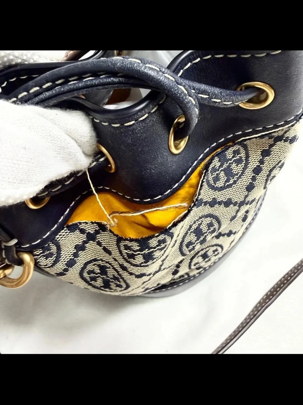 Tory Burch Navy & Tan Monogram Jacquard Drawstring Crossbody