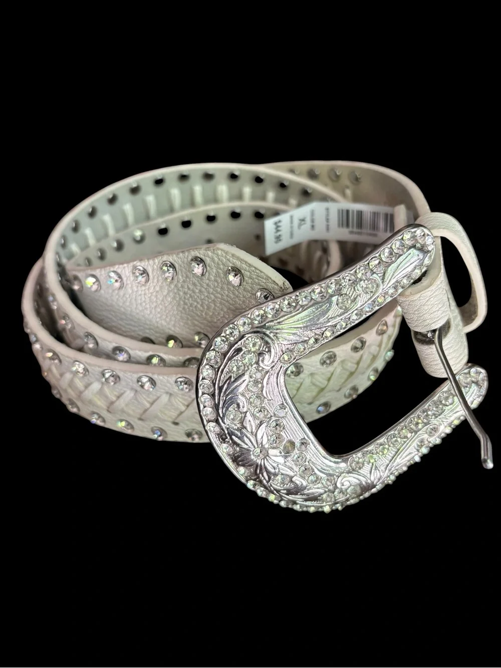 BKE Rhinestone Leather Western Crosstitch Western Festival Belt White Sz XL