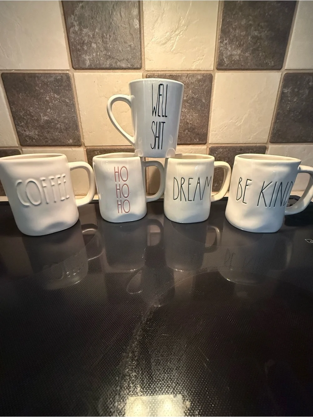 Rae Dunn White Ceramic Mug Collection with Black & Red Lettering