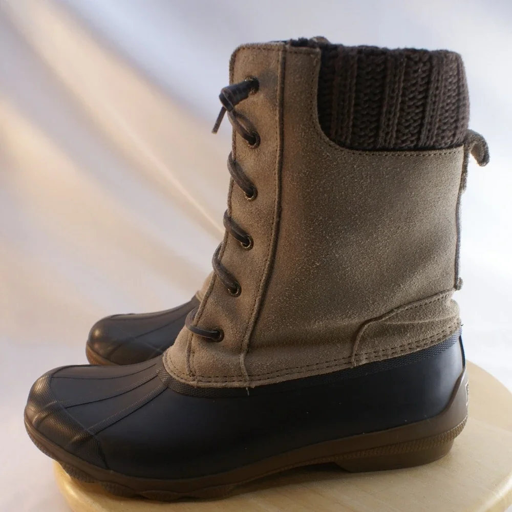 Sperry Saltwater Suede Knit Duck Boots Brown Tan STS83683 Womens 10