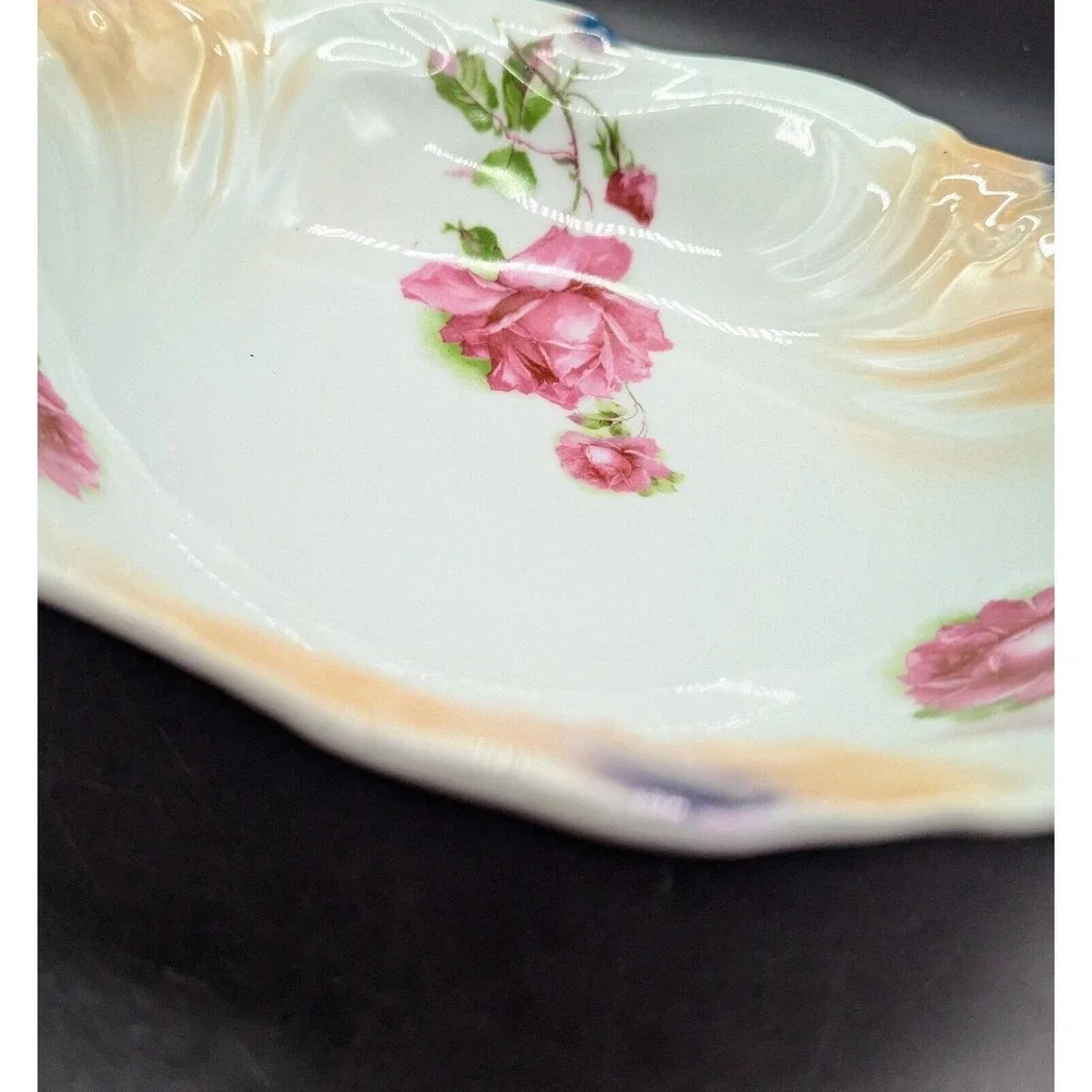 Antique Porcelain Lusterware Floral Console Fruit Decorative Bowl 11
