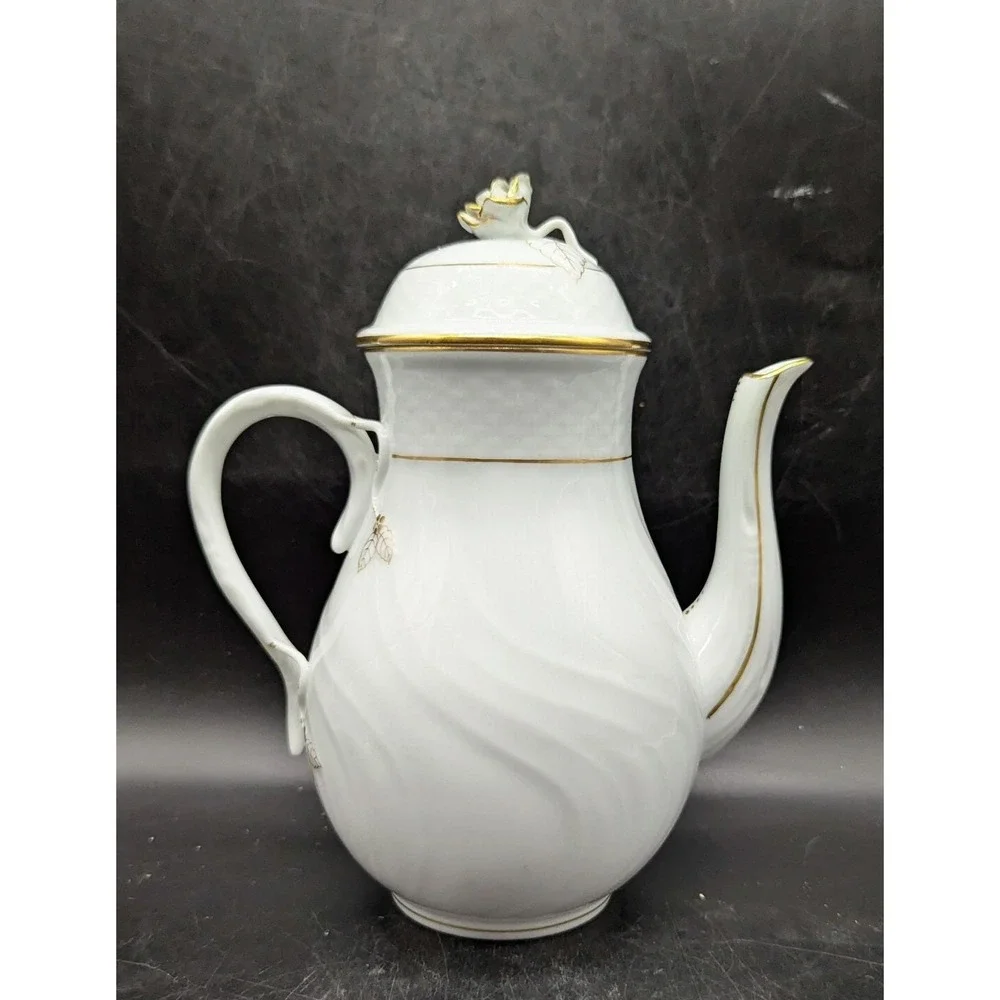 Vintage Herend Porcelain Golden Edge Coffee Tea Pot W Lid Rose Hungarian