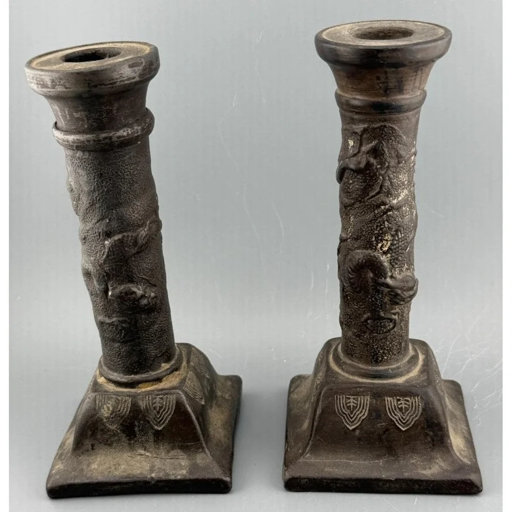 Vintage Nippon Dragonware Candlesticks Pair Brown Clay Moriage Hallmarked Japan