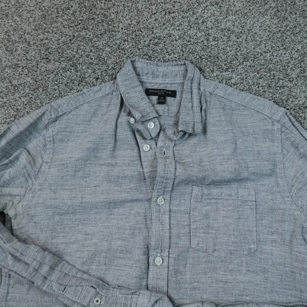 Banana Republic Shirt Mens M Gray Linen Chambray Slim Fit Button Up Long Sleeve
