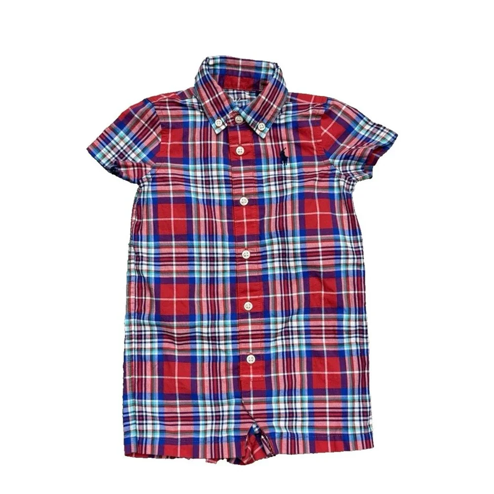 Polo Ralph Lauren Baby Boy 6M Short Romper Red Blue Plaid Patriotic USA