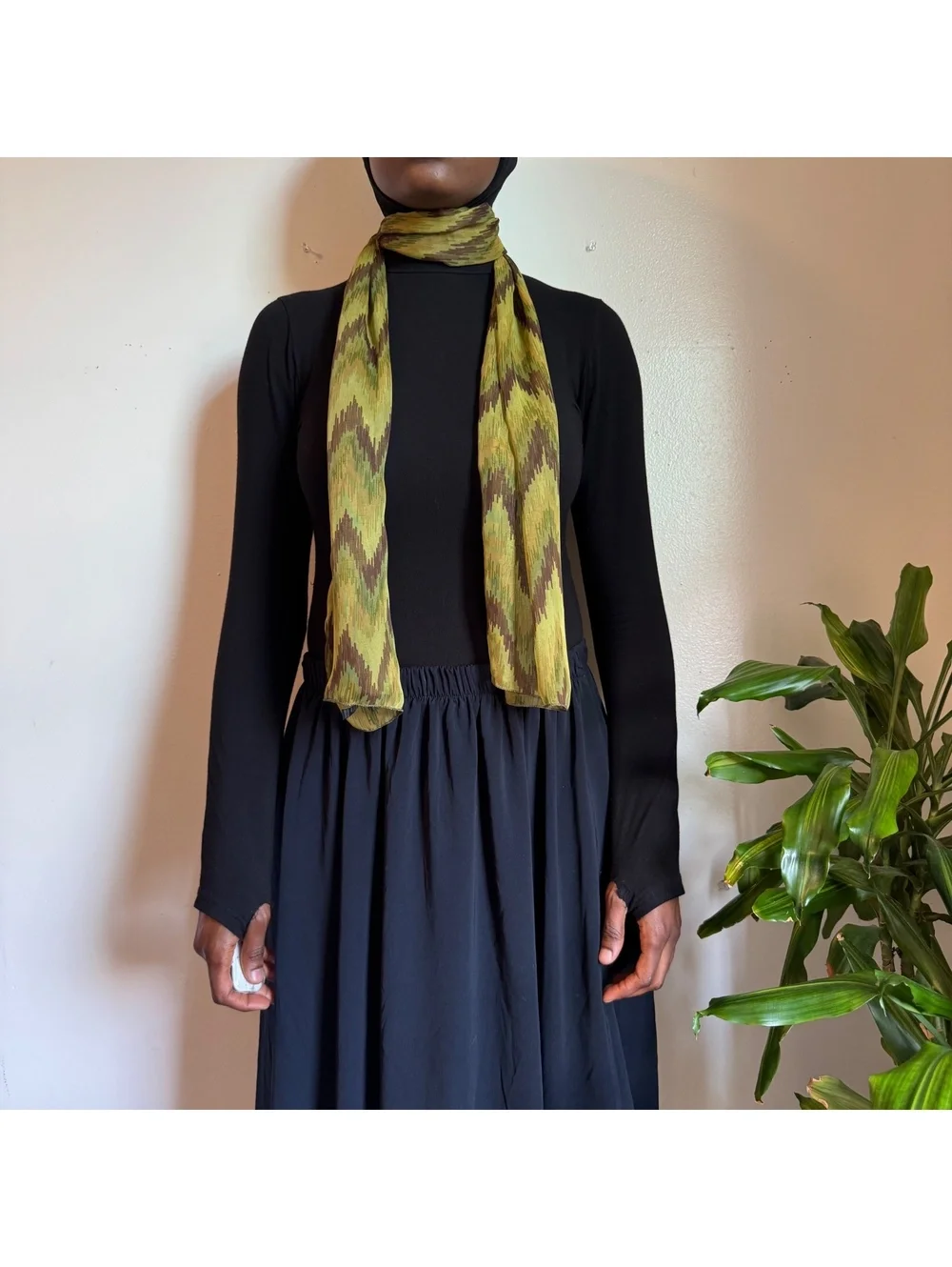 Y2K Sheer Olive Green Earthy Flame Ikat Chevron Skinny Neck Scarf
