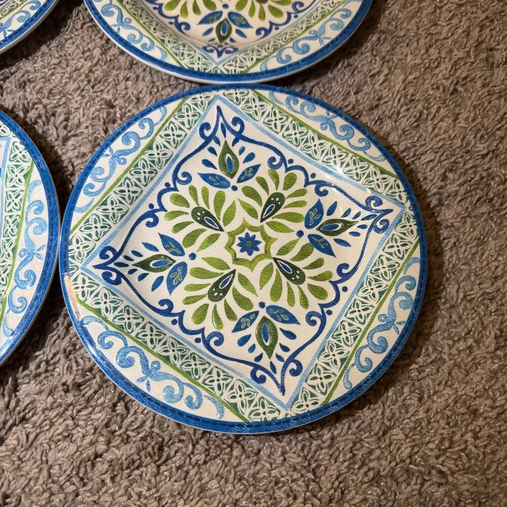 Talavera Melamine Plates Bowls Blue Green Spanish Tile Mediterranean SET of 7
