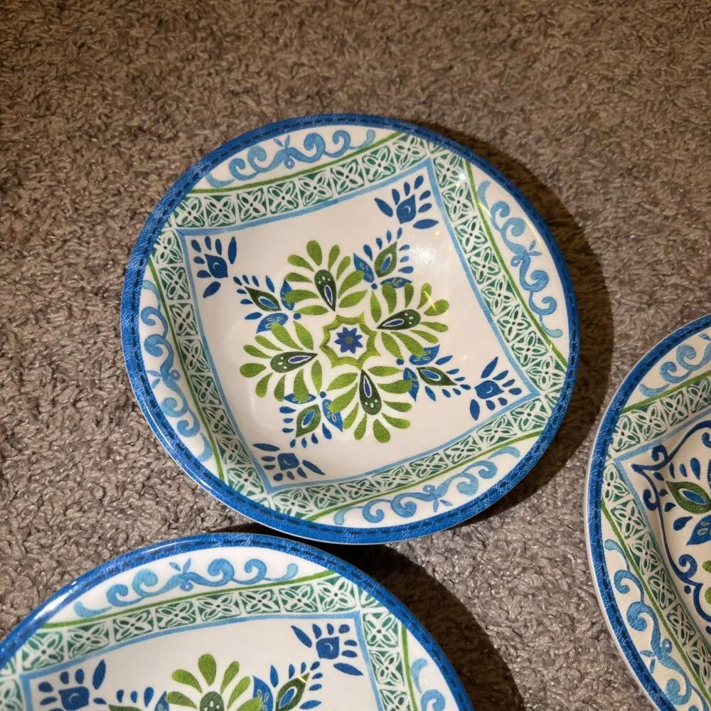 Talavera Melamine Plates Bowls Blue Green Spanish Tile Mediterranean SET of 7