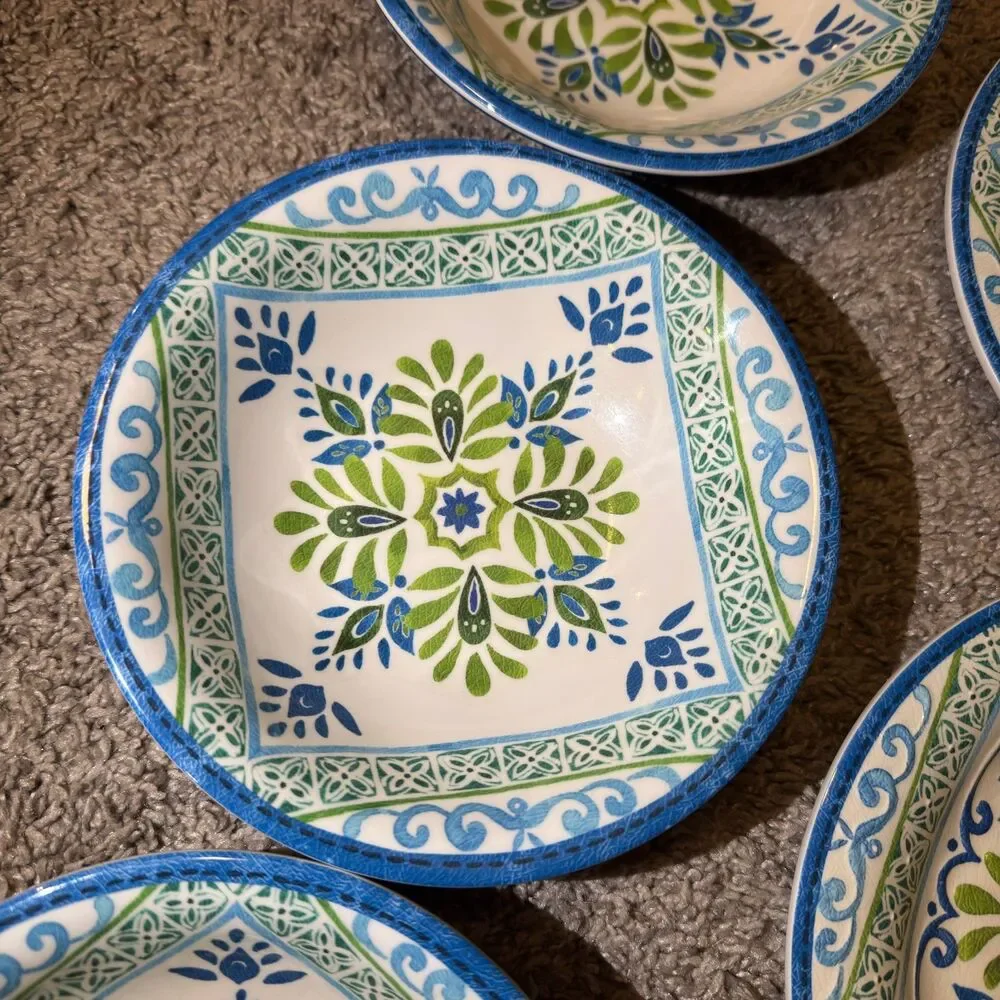 Talavera Melamine Plates Bowls Blue Green Spanish Tile Mediterranean SET of 7
