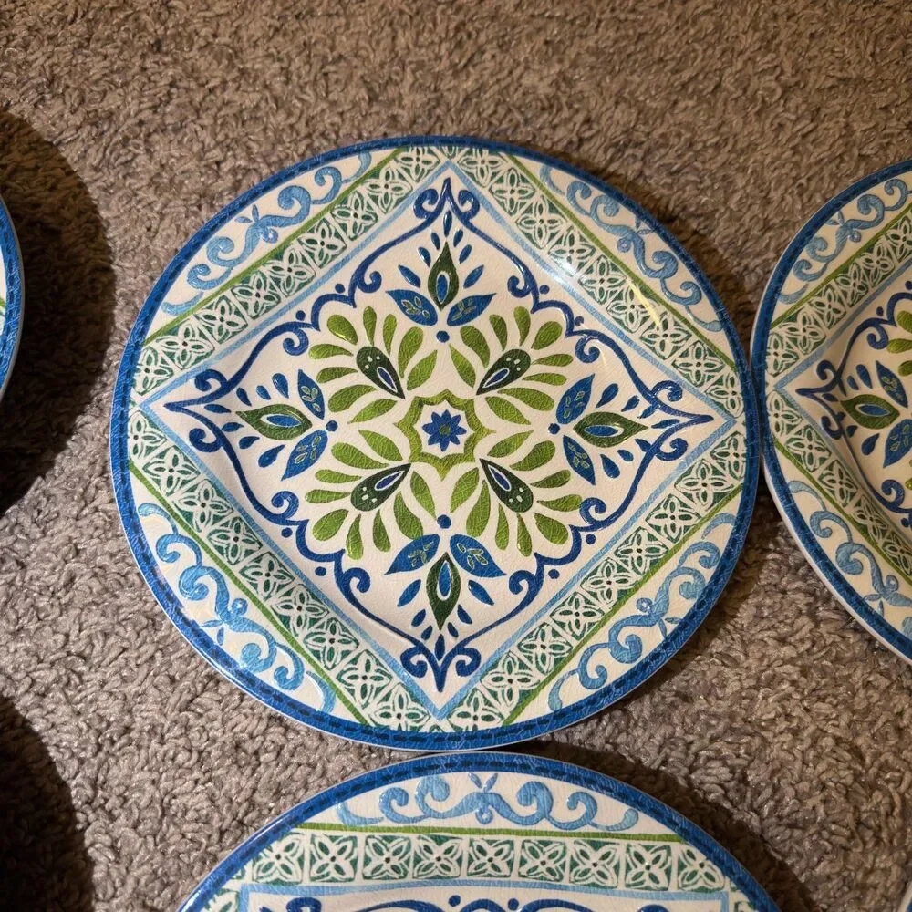 Talavera Melamine Plates Bowls Blue Green Spanish Tile Mediterranean SET of 7