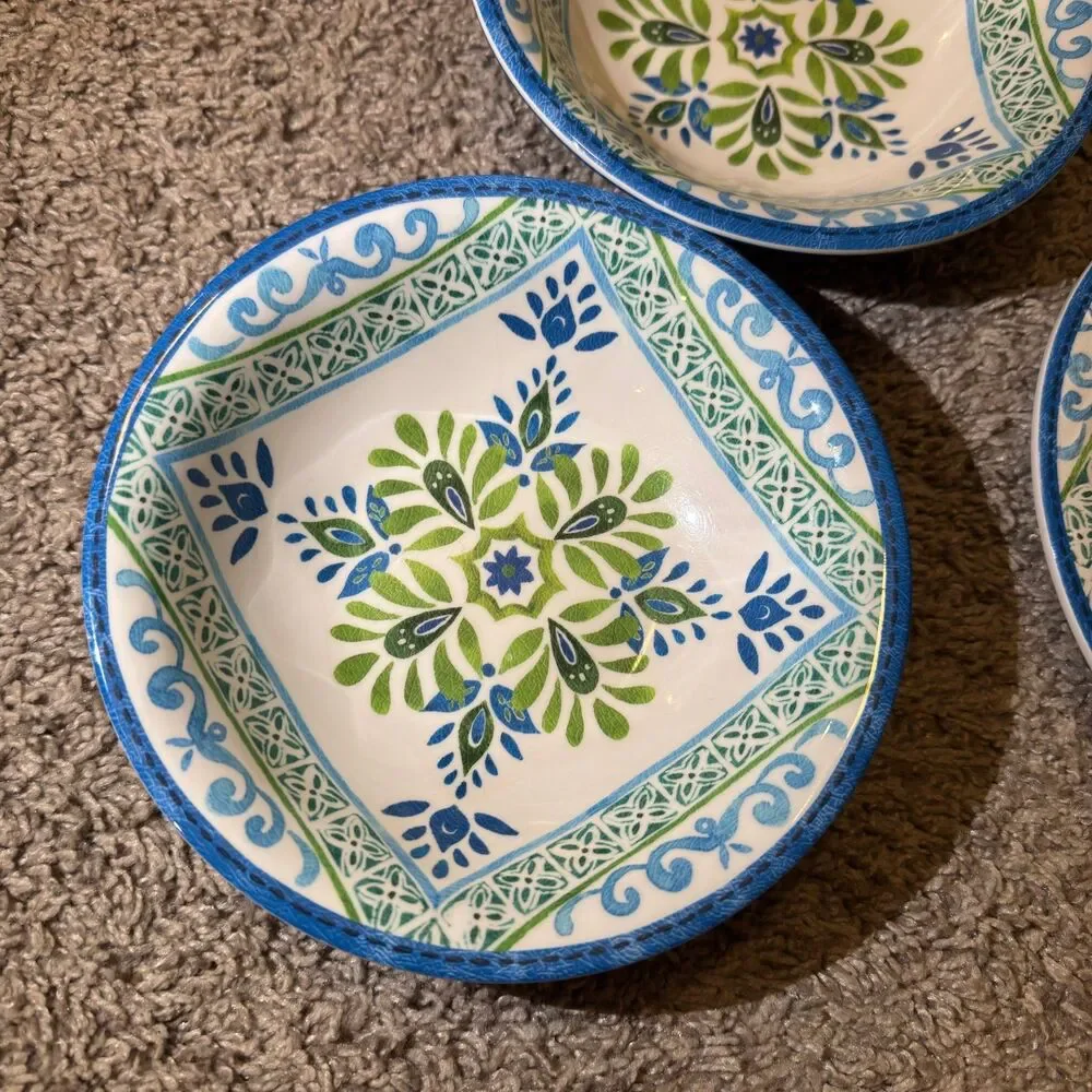 Talavera Melamine Plates Bowls Blue Green Spanish Tile Mediterranean SET of 7