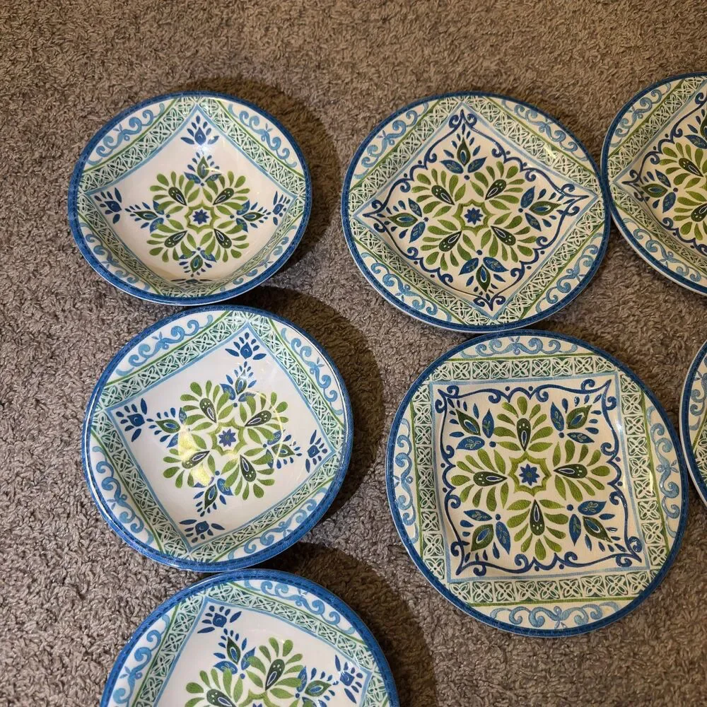 Talavera Melamine Plates Bowls Blue Green Spanish Tile Mediterranean SET of 7