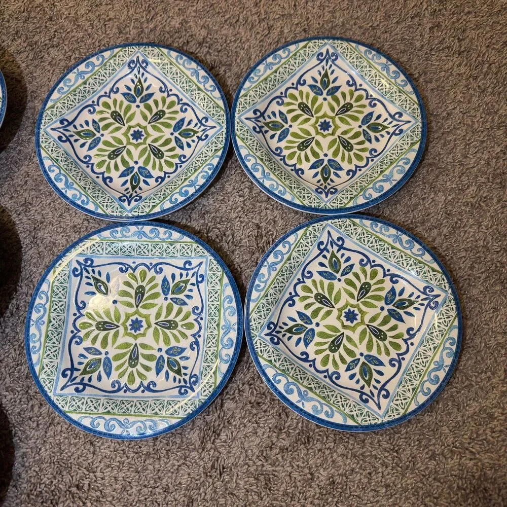 Talavera Melamine Plates Bowls Blue Green Spanish Tile Mediterranean SET of 7