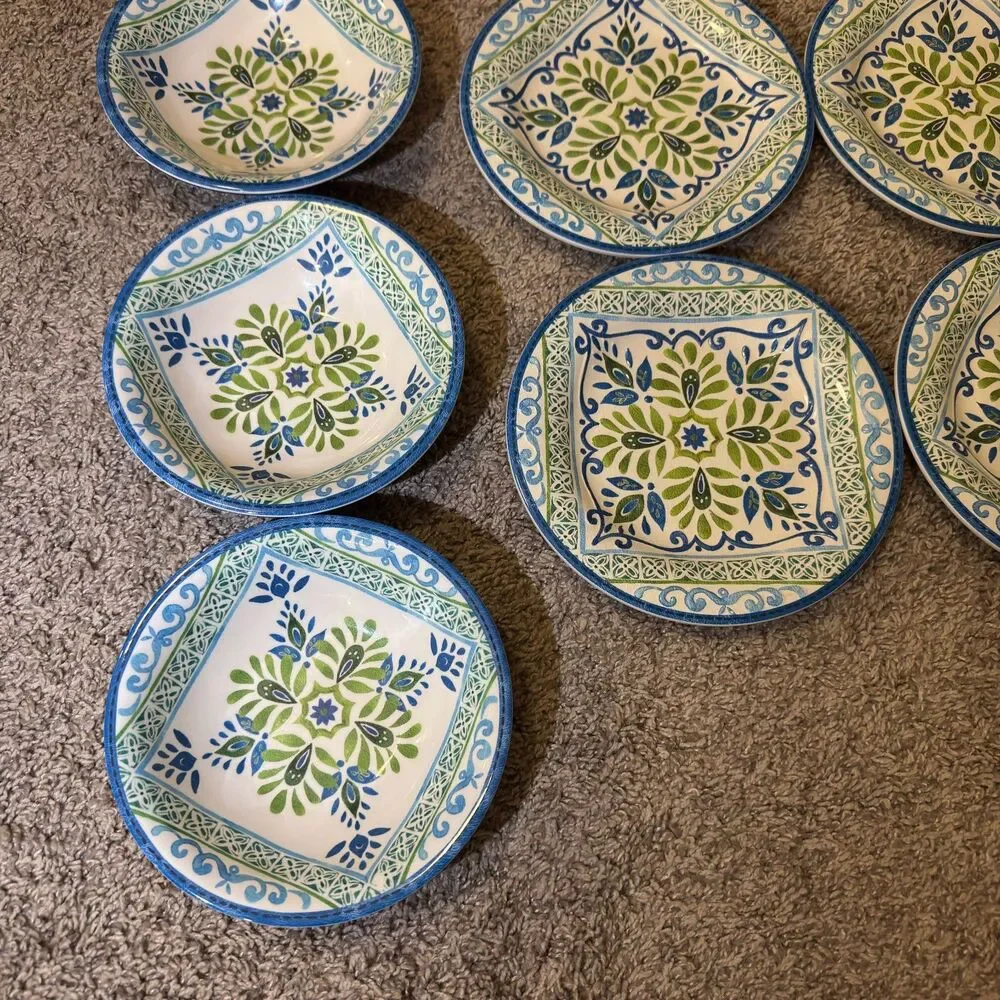 Talavera Melamine Plates Bowls Blue Green Spanish Tile Mediterranean SET of 7