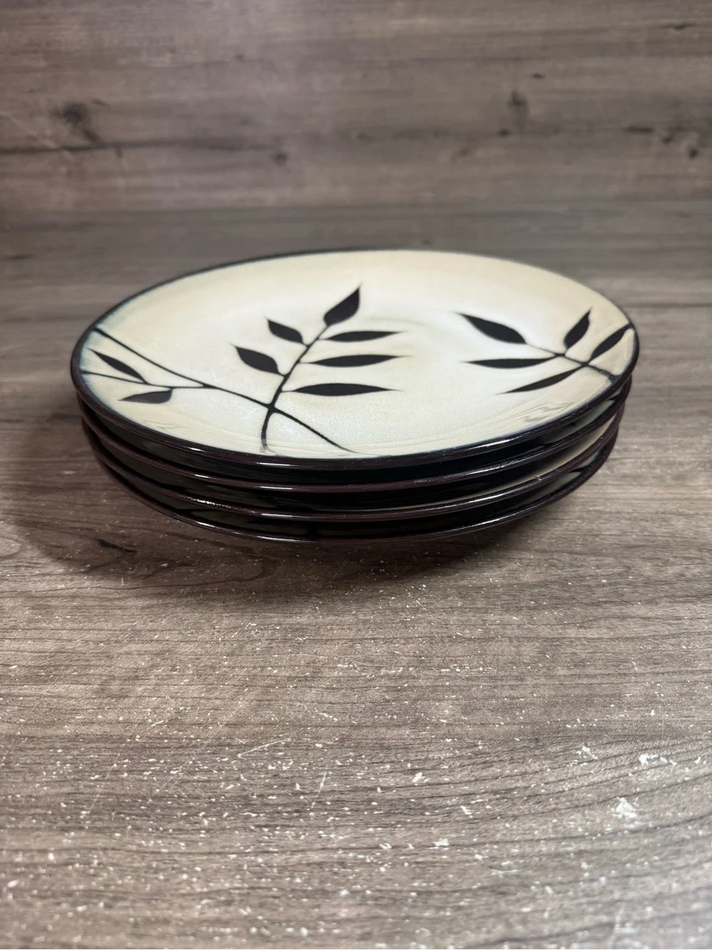 Gibson Elite Midnight Palm Leaves 11” Dinner Plates Brown Cream Set of 4