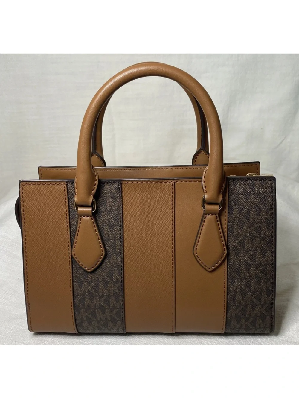 Michael Kors Tan and Brown Logo Stripe Satchel