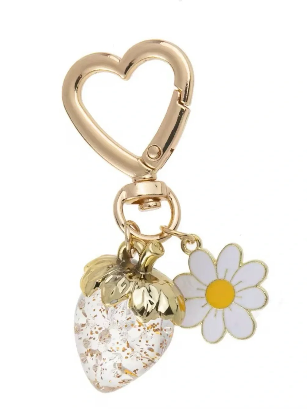 Gold Heart Clasp Strawberry & Daisy Keychain Charm - White/Gold