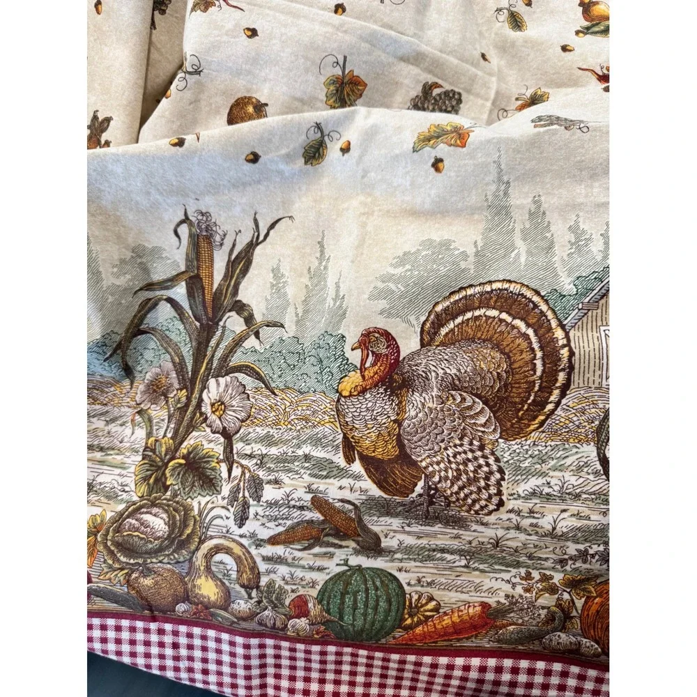 Springs Industries Harvest Toile Wide Thanksgiving Tablecloth Turkey Red Gingham