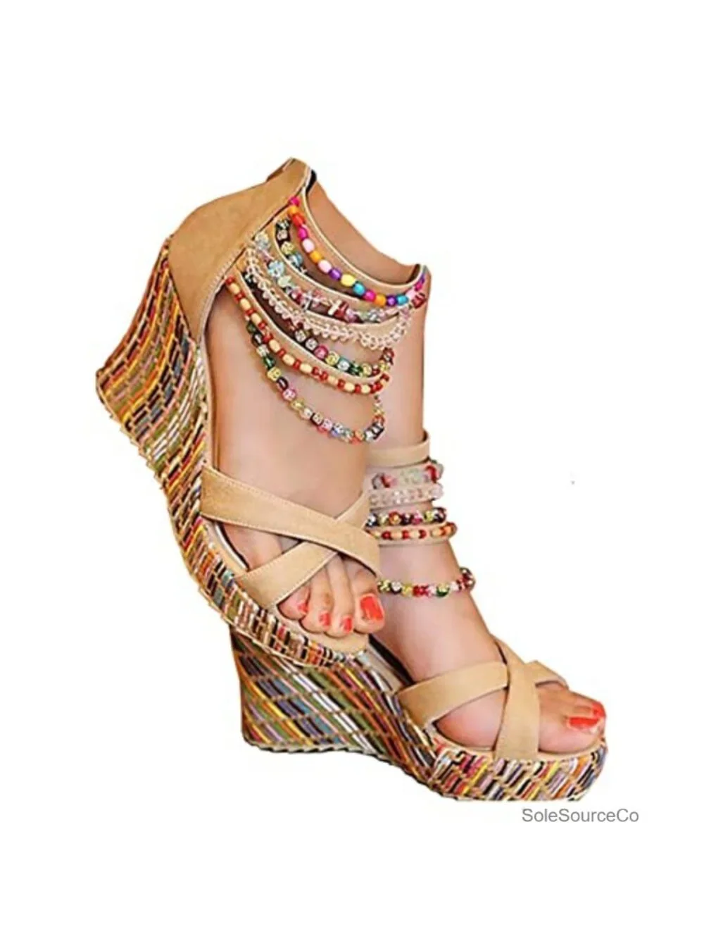 Women's Wedge Sandals Platform High Heels with Pearls Ankle Strap Open Toe