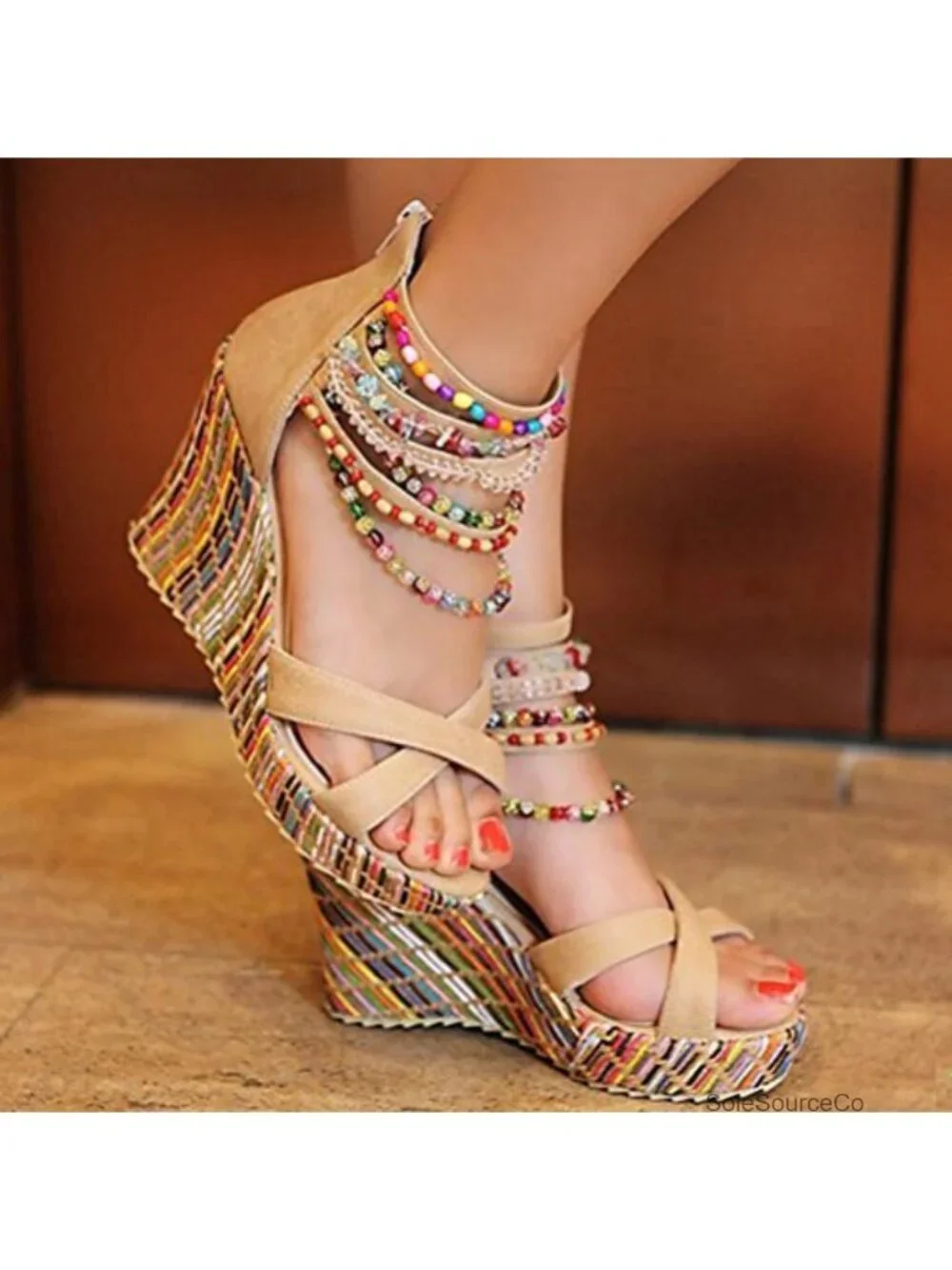 Women's Wedge Sandals Platform High Heels with Pearls Ankle Strap Open Toe