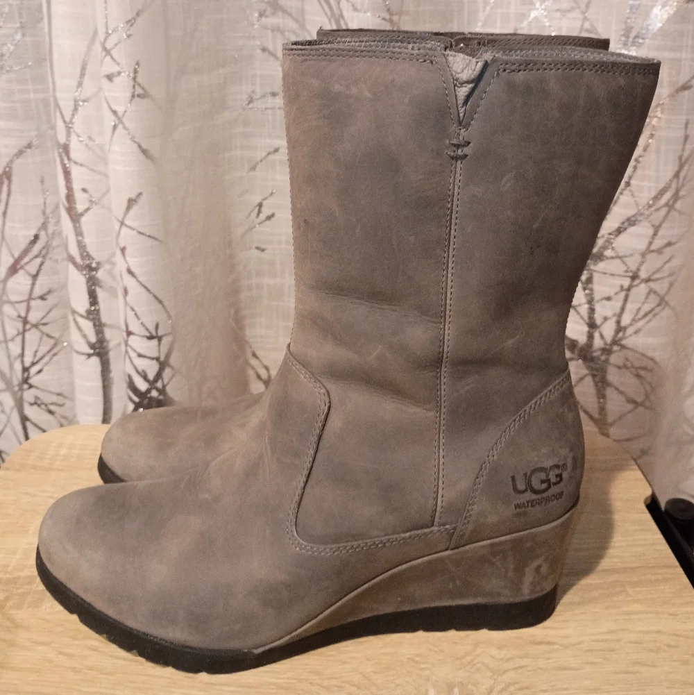 UGG Women's‎ Soft Gray Leather Wedge Boots- Waterproof
