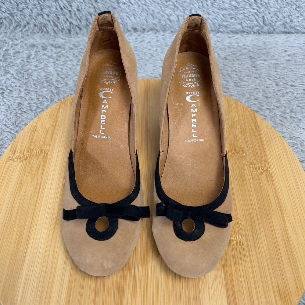 Jeffrey Campbell LadyLike Tan Suede Wedge Pumps Bow Womens Size 6.5 New Havana